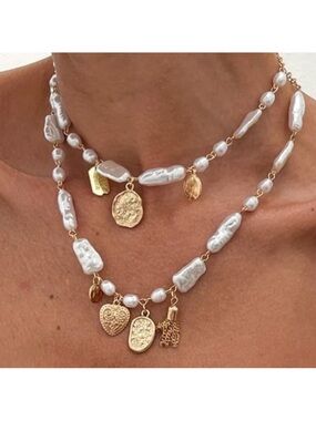 New 18k Gold Plated Charm Layered Necklace with White Baroque Pearls